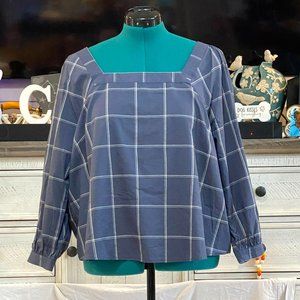 Ana Blue Plaid Box Collar Long Sleeve Blouse OX